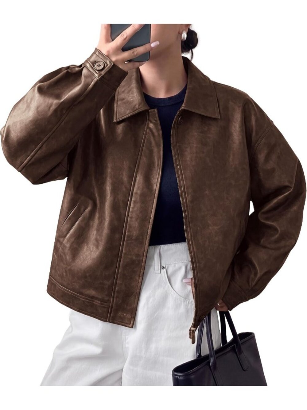 Women's Brown Leather Lapel Collar Cuff Sleeve Dropped Shoulders Bomber Jacket